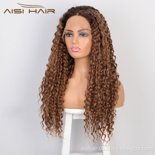 Aisi Hair 24 Inch Long Wavy Ombre Brown Wig Afro Kinky Curly Swiss Lace Wig Curly Wave Lace Frontal Hair Wigs For Black Women